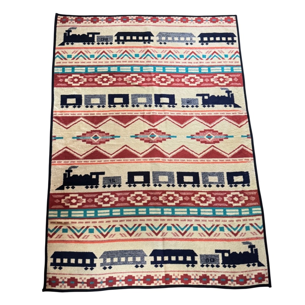 Vintage San Marcos Blanket 80x60 Southwestern Locomotive Train Plush Throw